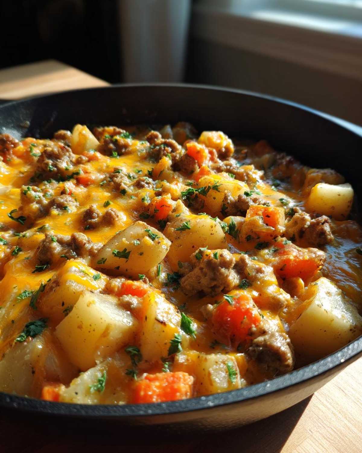 Close-up of a Creamy Meat Potato Skillet topped with melted cheddar cheese and fresh parsley.