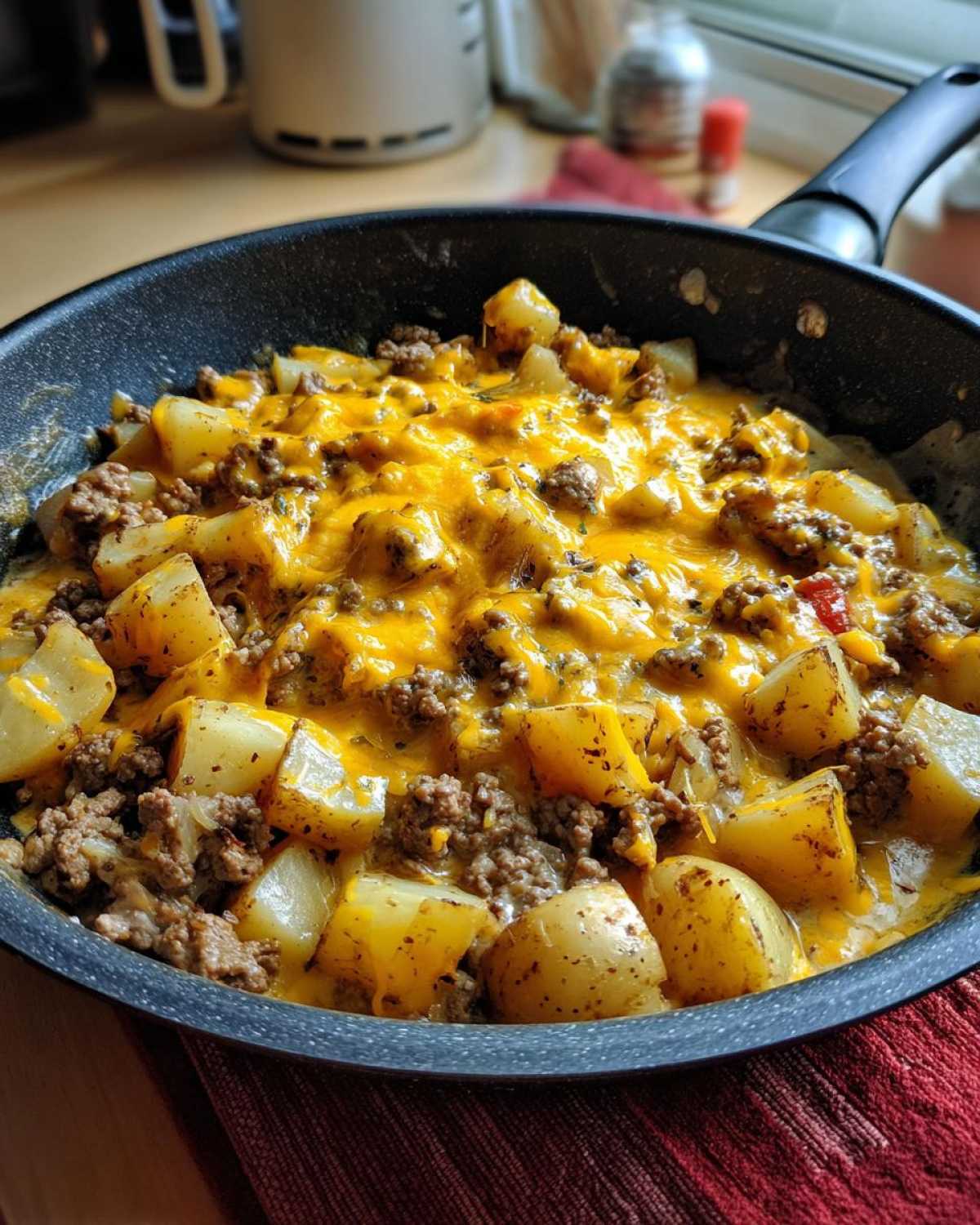 Close-up of a creamy meat potato skillet topped with melted cheddar cheese, showcasing cubed potatoes and seasoned ground meat.