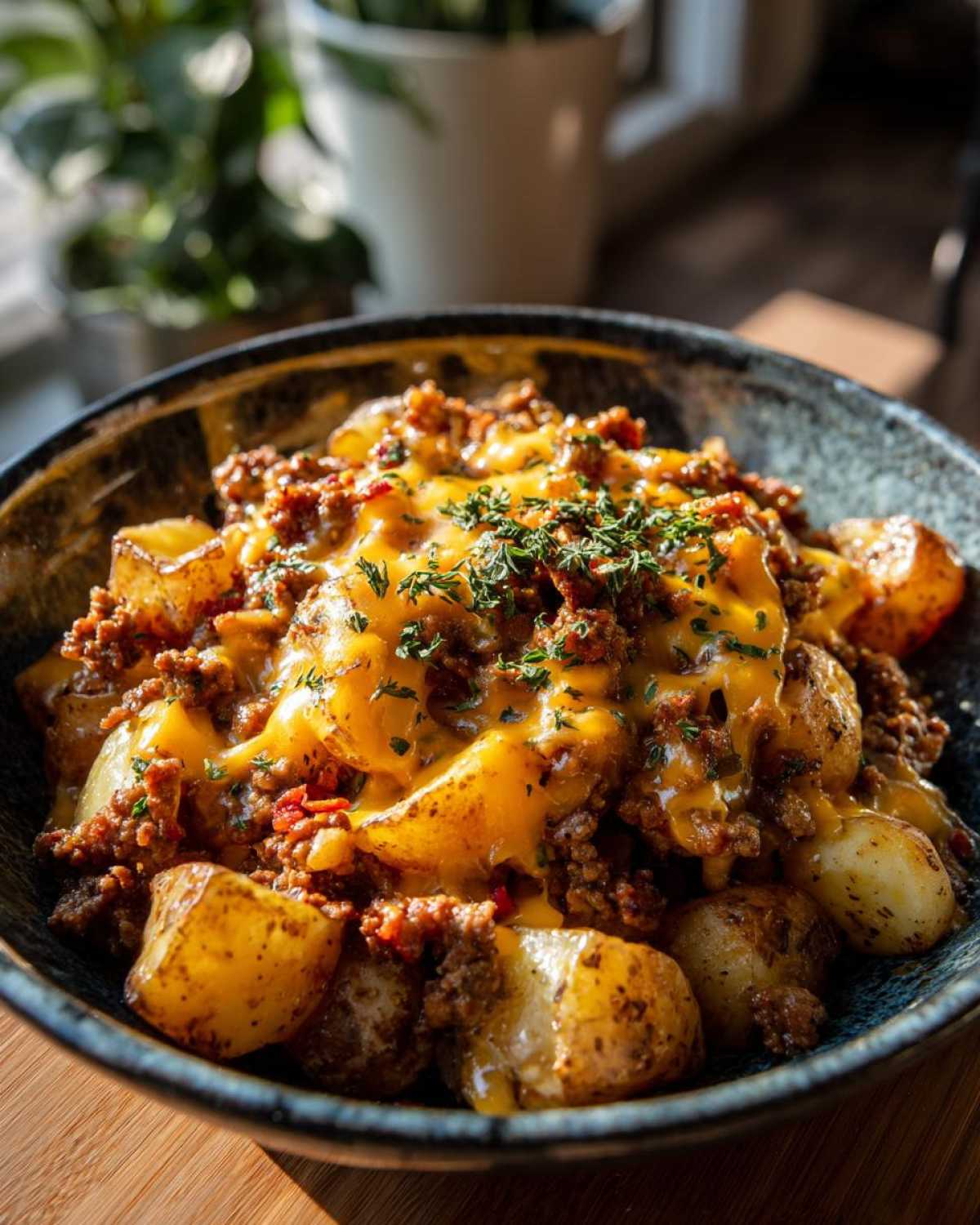 A close-up of a bowl filled with a creamy meat potato skillet, topped with melted cheddar cheese and fresh herbs.