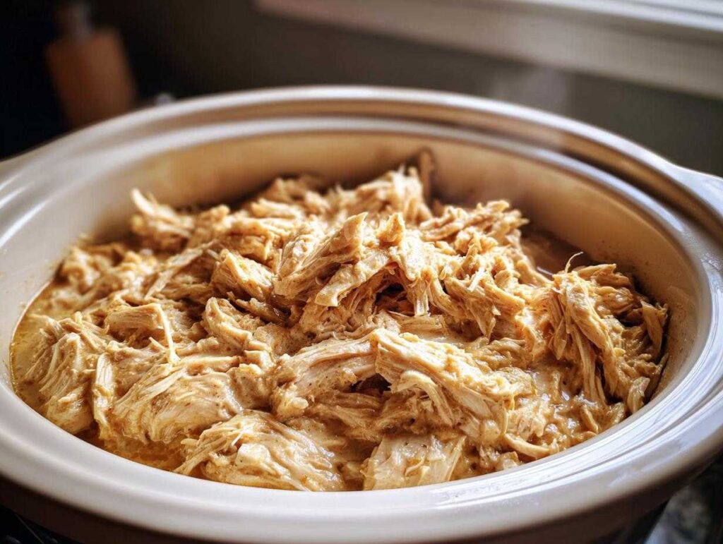 Close-up of shredded chicken in a creamy ranch sauce, cooked in a crockpot.