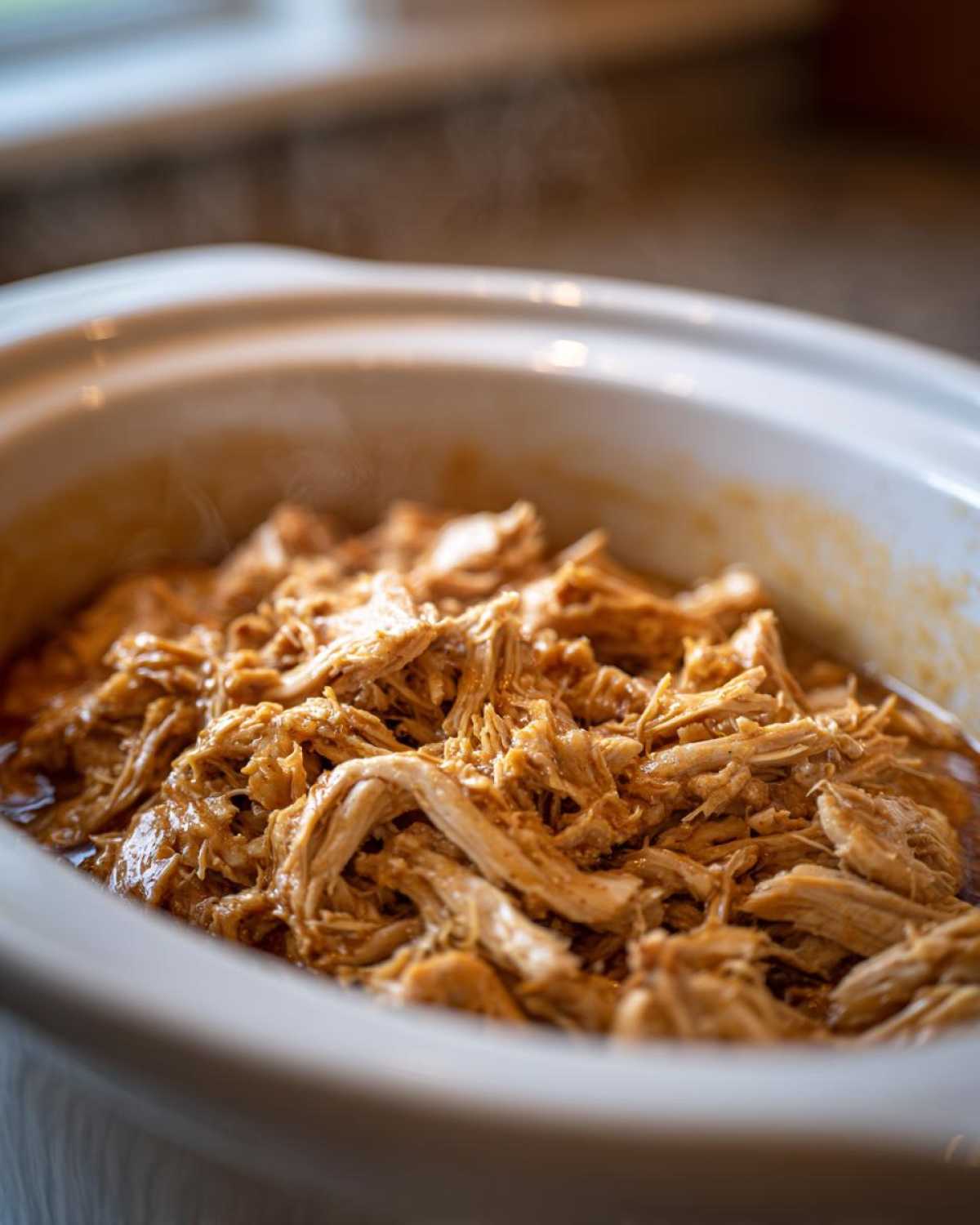 Close-up of shredded chicken in a crockpot, coated in a creamy ranch sauce, with steam rising.