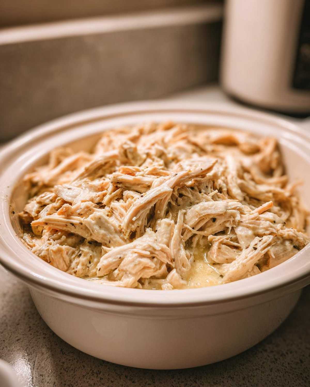 Close-up of shredded chicken coated in a creamy ranch sauce in a white bowl, perfect for Creamy Ranch Chicken Crockpot.