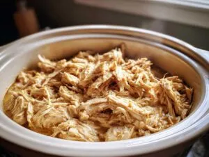 Close-up of shredded chicken in a creamy ranch sauce, cooked in a crockpot.