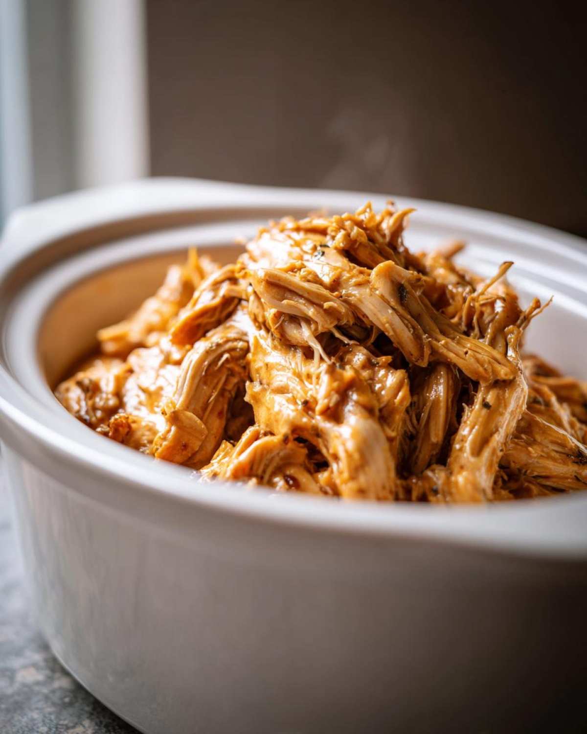 Close-up of shredded chicken in a crockpot, coated in a creamy ranch sauce. This is the Creamy Ranch Chicken Crockpot.