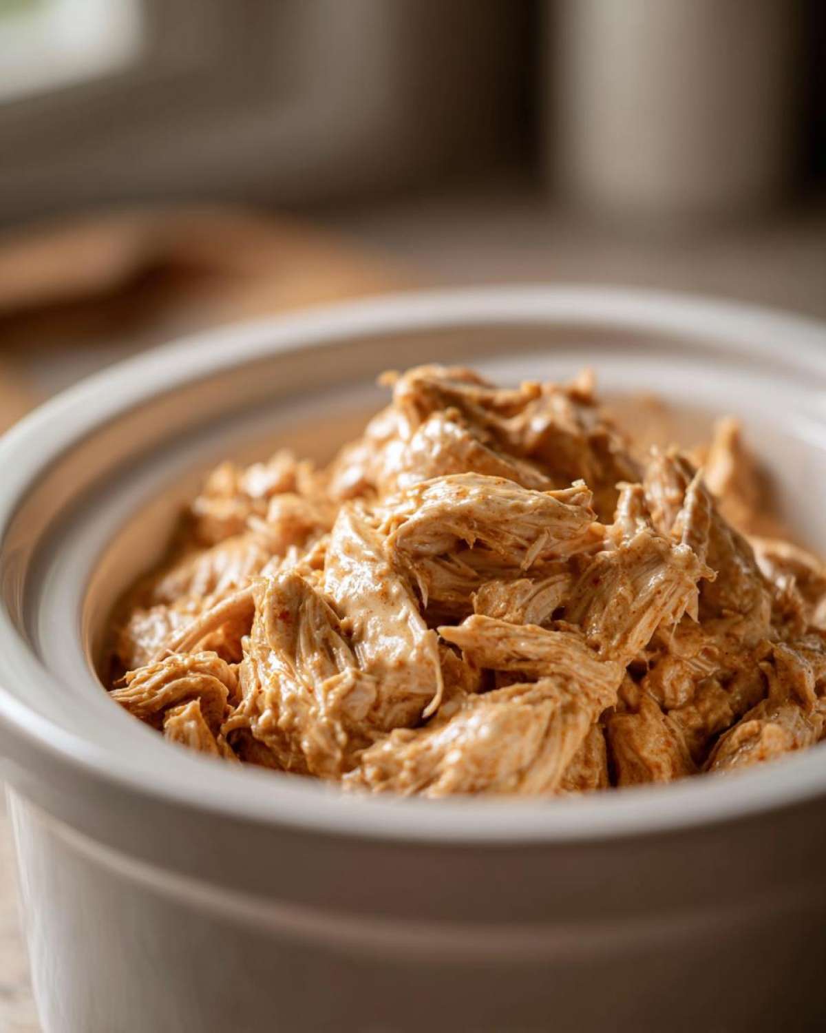 Close-up of shredded chicken coated in a creamy ranch sauce in a crockpot, ready for a Creamy Ranch Chicken Crockpot recipe.