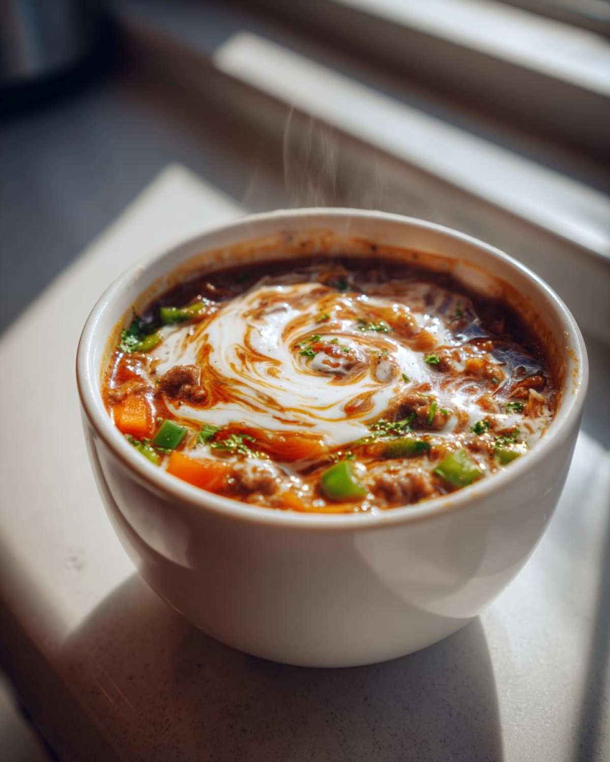 A steaming bowl of creamy sausage soup with swirls of cream, diced carrots, green peppers, and herbs.