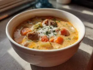 A close-up of a white bowl filled with creamy sausage soup, featuring chunks of sausage, carrots, and potatoes, topped with a swirl of cream and parsley.