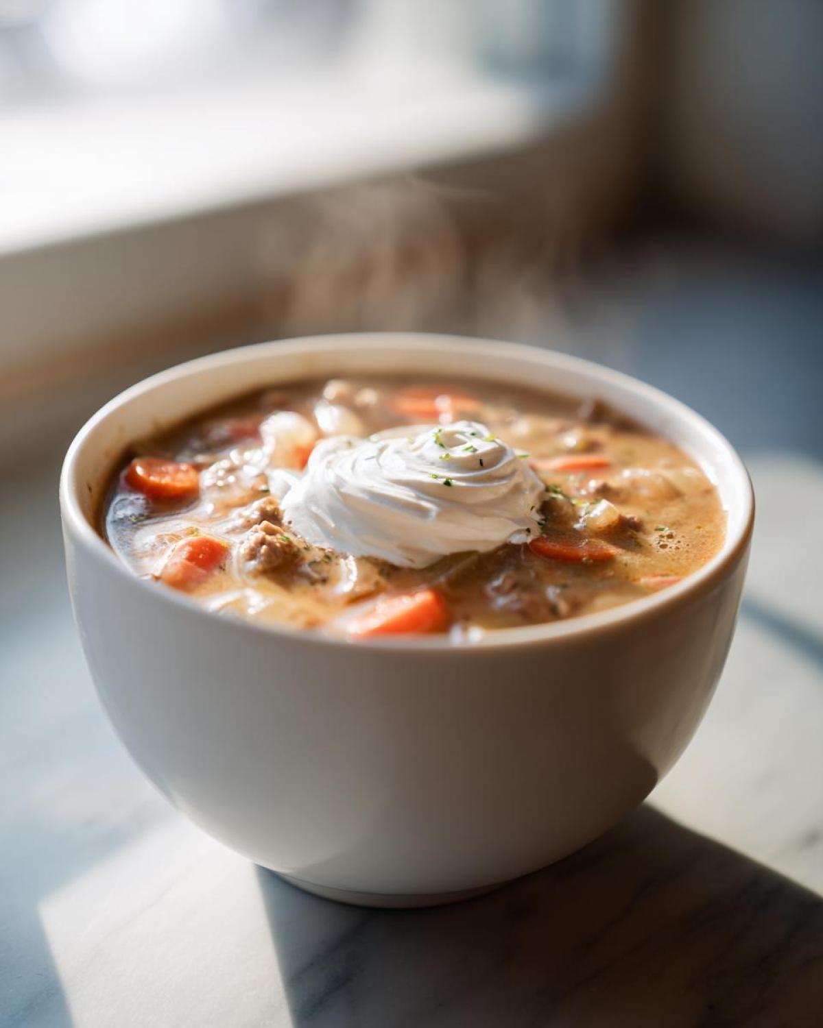 A steaming bowl of creamy sausage soup topped with a swirl of sour cream and parsley.