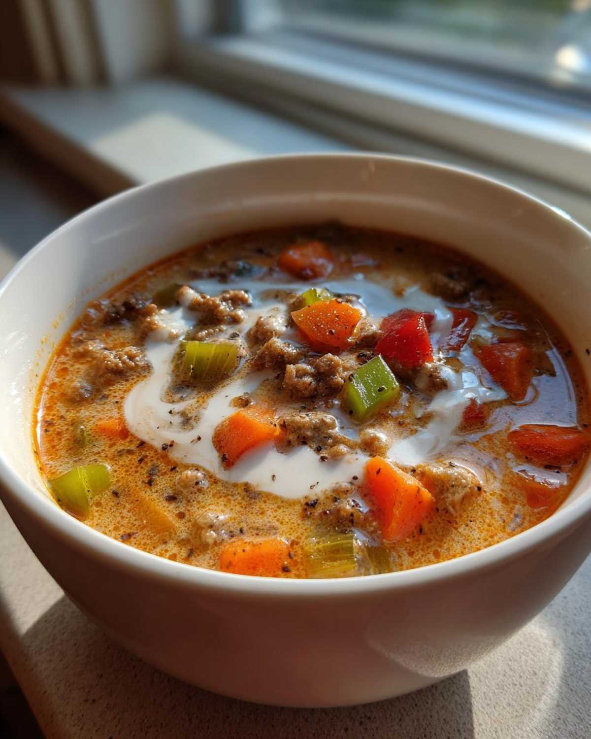 A close-up of a bowl of creamy sausage soup, featuring ground sausage, carrots, celery, and a swirl of cream.