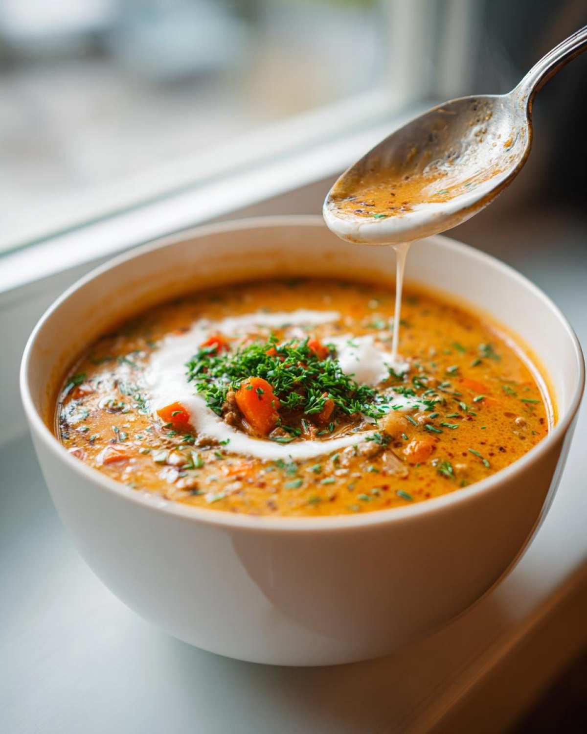 A spoonful of creamy sausage soup is lifted from a white bowl, garnished with fresh herbs and a swirl of cream.