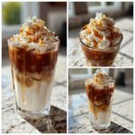 A tall glass of Creme Brulee Iced Coffee topped with whipped cream and caramel drizzle.