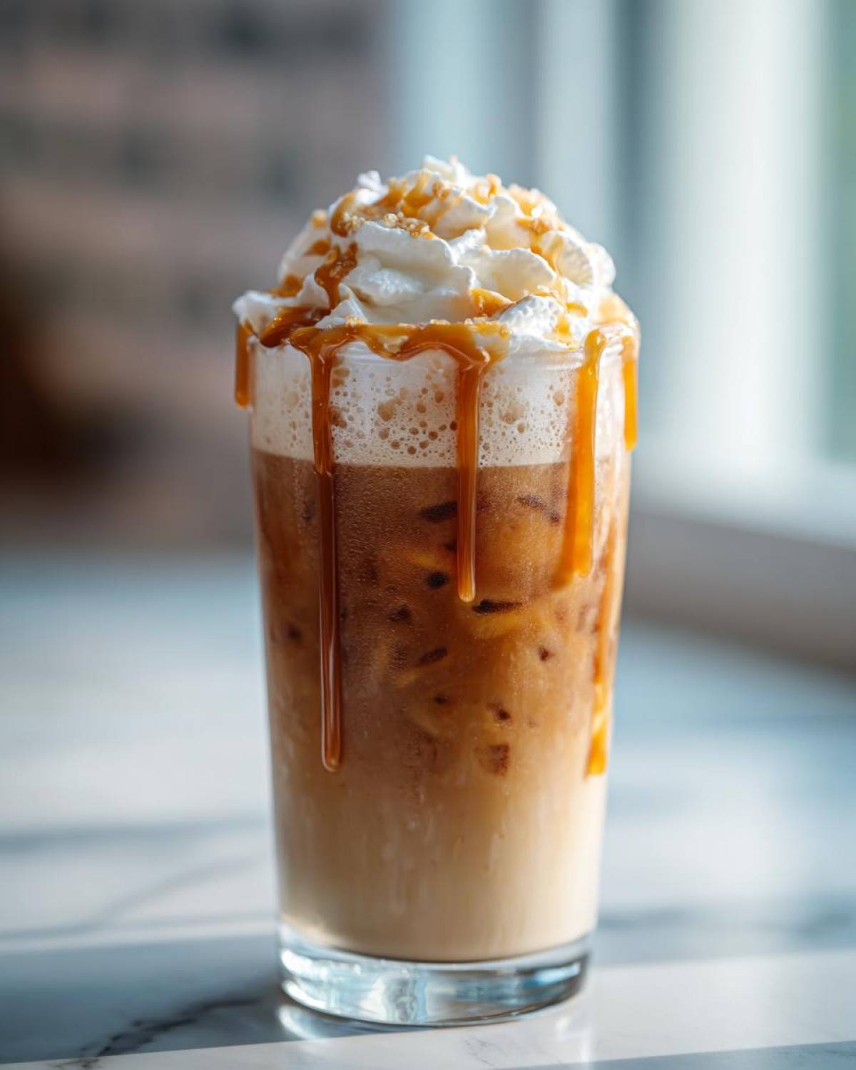 A tall glass of Creme Brulee Iced Coffee topped with whipped cream, caramel drizzle, and crunchy bits.