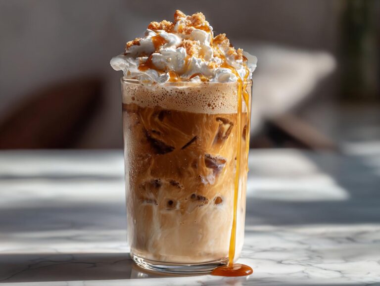 A tall glass of Creme Brulee Iced Coffee topped with whipped cream, caramel drizzle, and cookie crumbles.