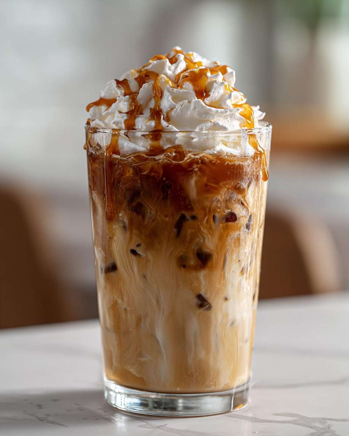 A tall glass of creme brulee iced coffee, layered with cream and coffee, topped with whipped cream and caramel drizzle.