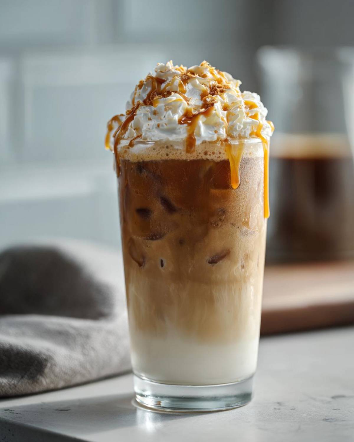A tall glass of Creme Brulee Iced Coffee topped with whipped cream, caramel drizzle, and crunchy bits.