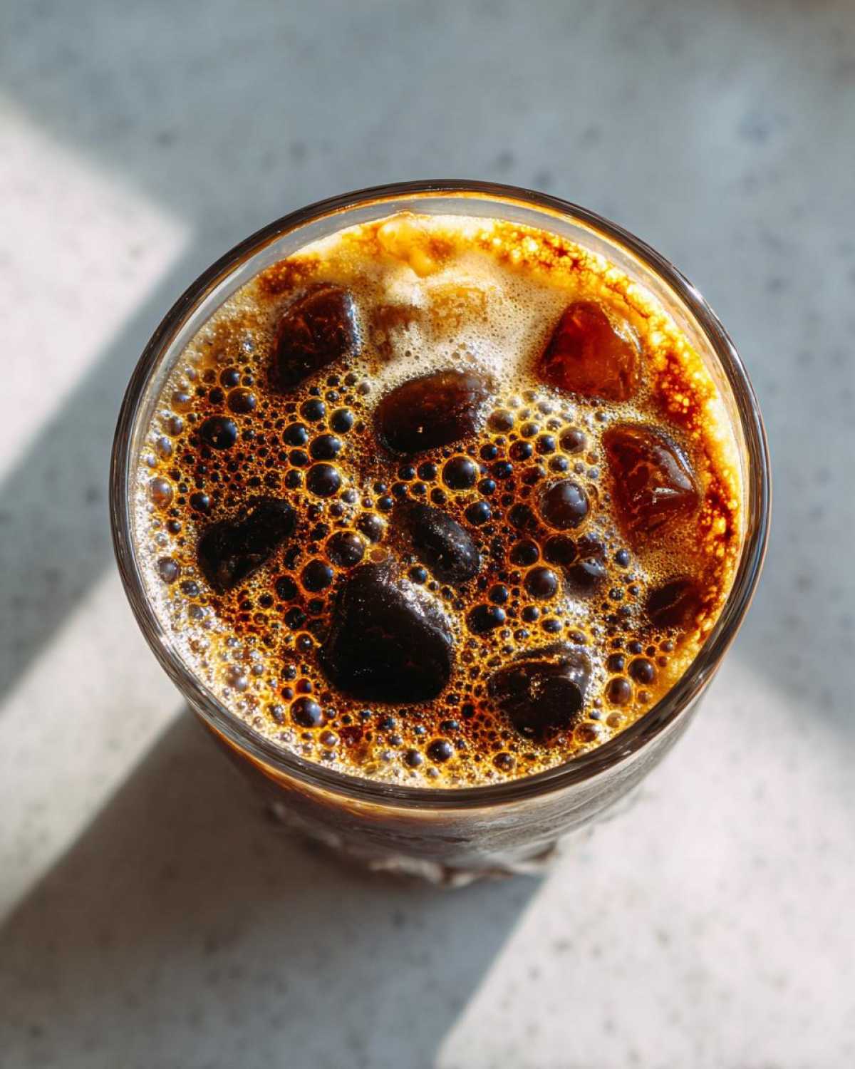Top-down view of a refreshing Creme Brulee New Orleans Iced Coffee with ice cubes and frothy crema.