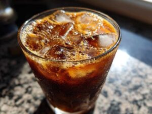 Close-up of a refreshing glass filled with Creme Brulee New Orleans Iced Coffee and ice cubes.
