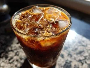 Close-up of a refreshing glass filled with Creme Brulee New Orleans Iced Coffee and ice cubes.