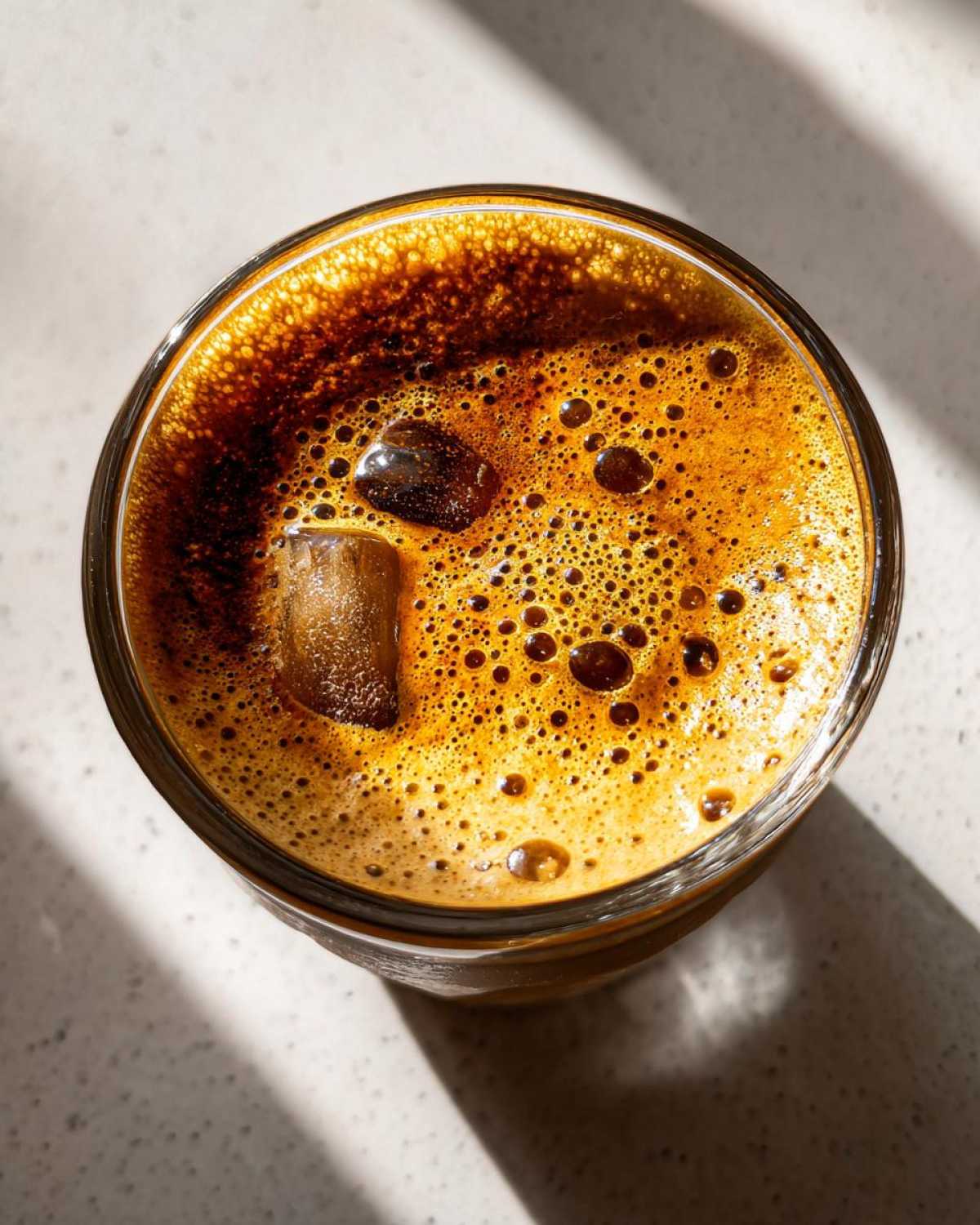 Close-up overhead view of a refreshing Creme Brulee New Orleans Iced Coffee with a layer of foam and an ice cube.