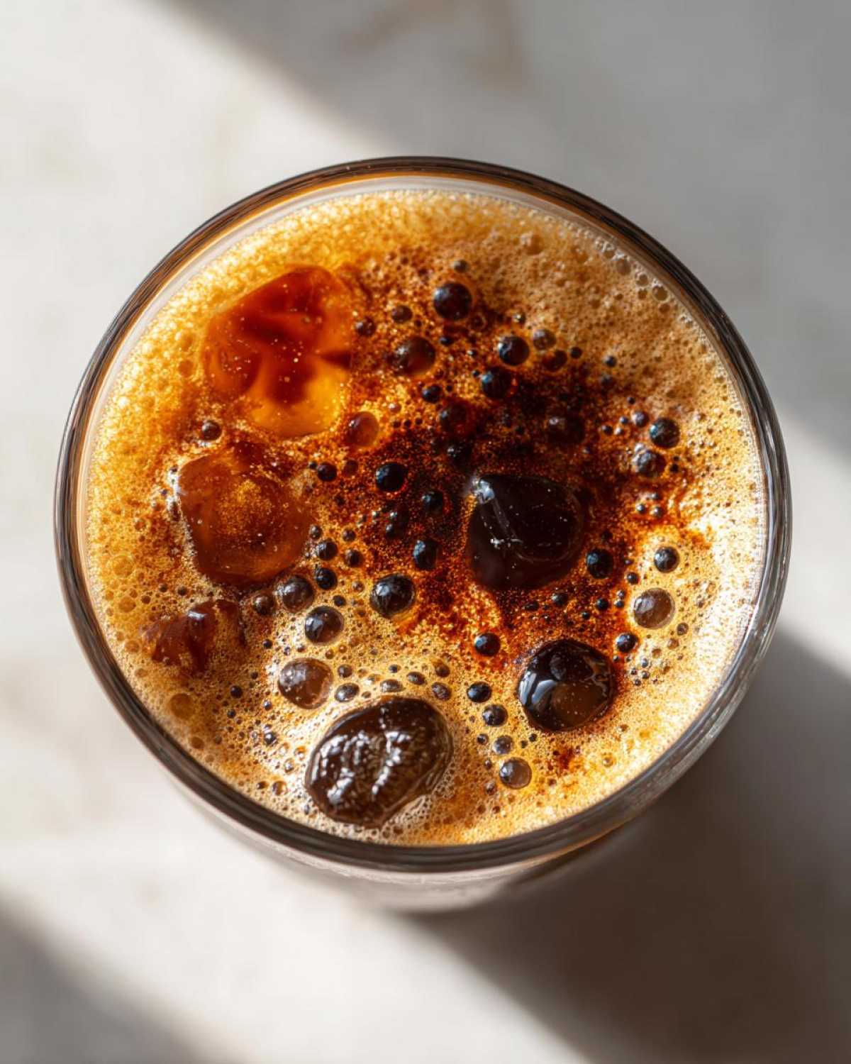 Top-down view of a glass filled with foamy creme brulee New Orleans iced coffee and ice cubes.