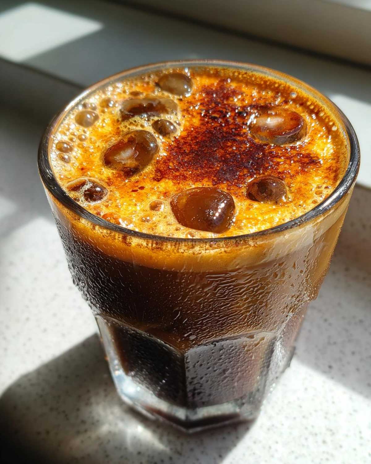 A refreshing creme brulee New Orleans iced coffee topped with caramelized sugar and ice cubes.