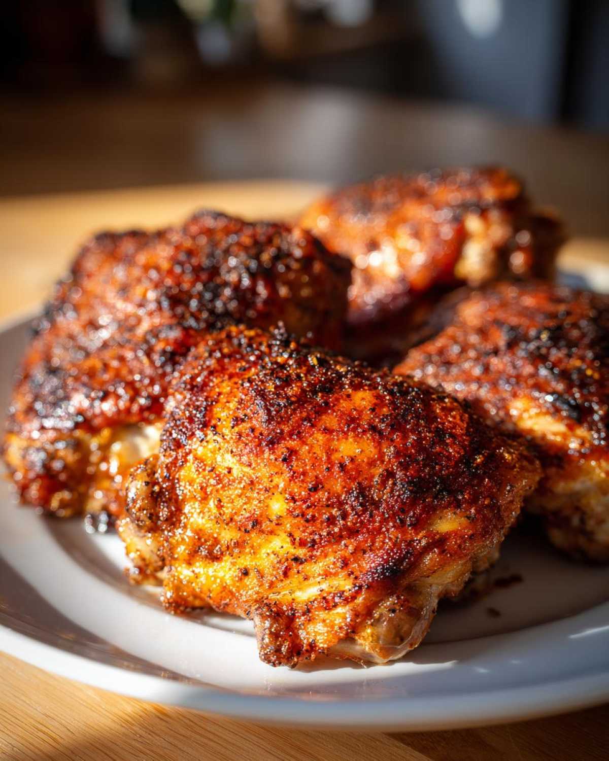 Close-up of crispy southern baked chicken thighs seasoned with spices, served on a white plate.