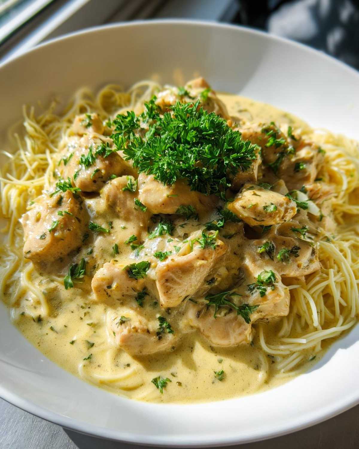 A bowl of Crock Pot Angel Chicken served over thin spaghetti, garnished with fresh parsley.