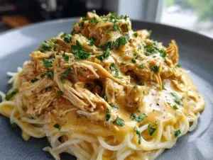 A close-up of Crock Pot Angel Chicken served over pasta and garnished with parsley.