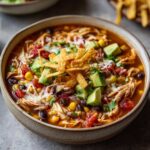 A close-up of a bowl of hearty crock pot chicken tortilla soup, topped with avocado, cheese, and tortilla strips.