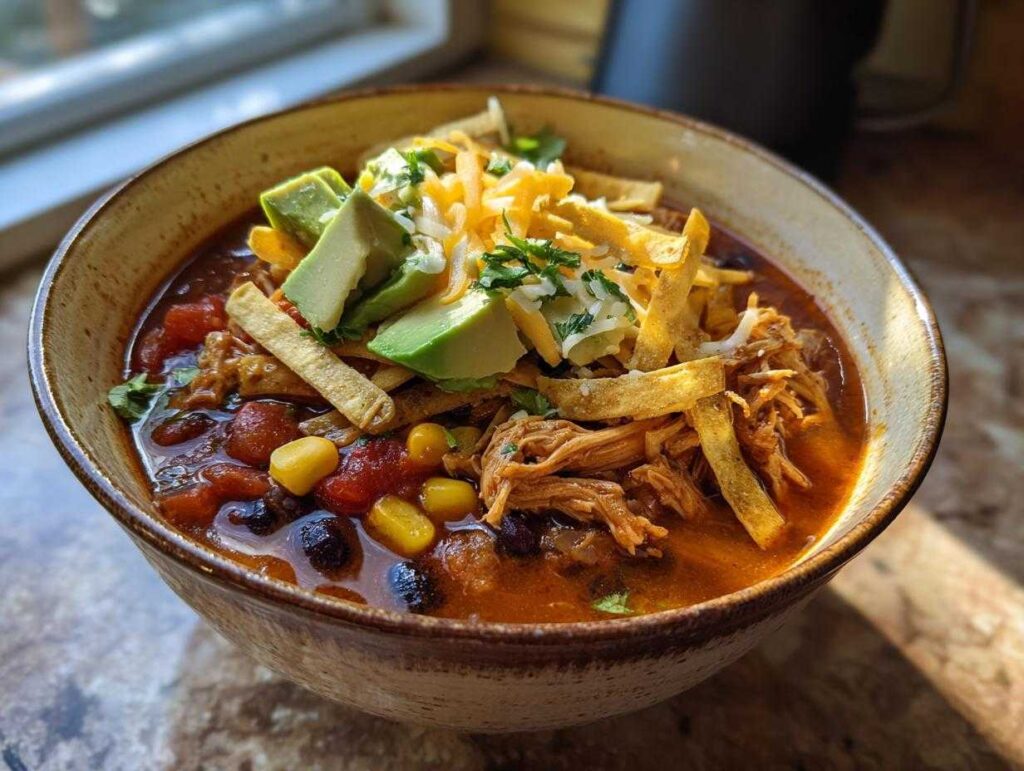 A close-up of a rustic bowl filled with hearty crock pot chicken tortilla soup, topped with avocado, cheese, and tortilla strips.