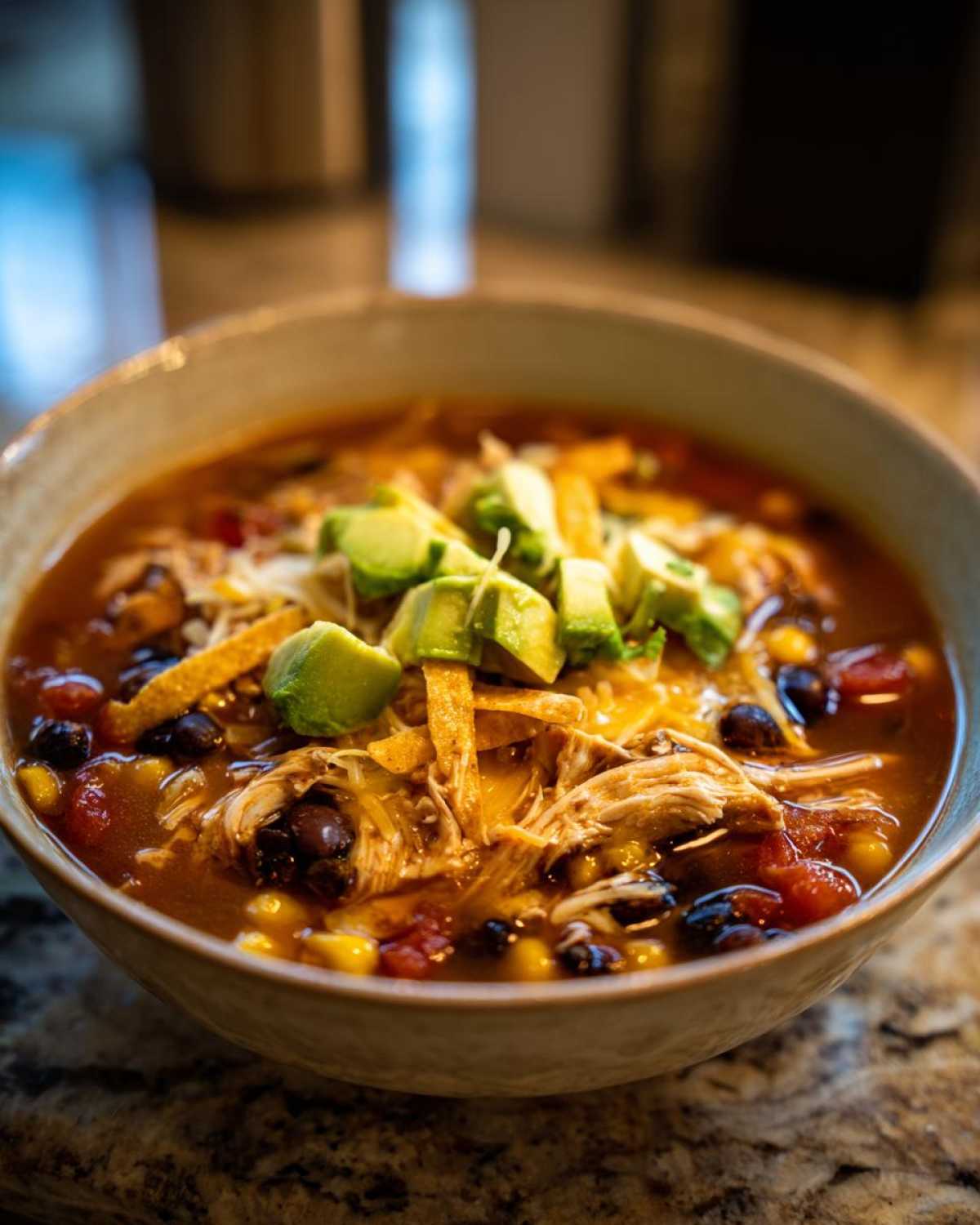 A close-up bowl of Crock Pot Chicken Tortilla Soup, topped with shredded chicken, black beans, corn, cheese, tortilla strips, and avocado.