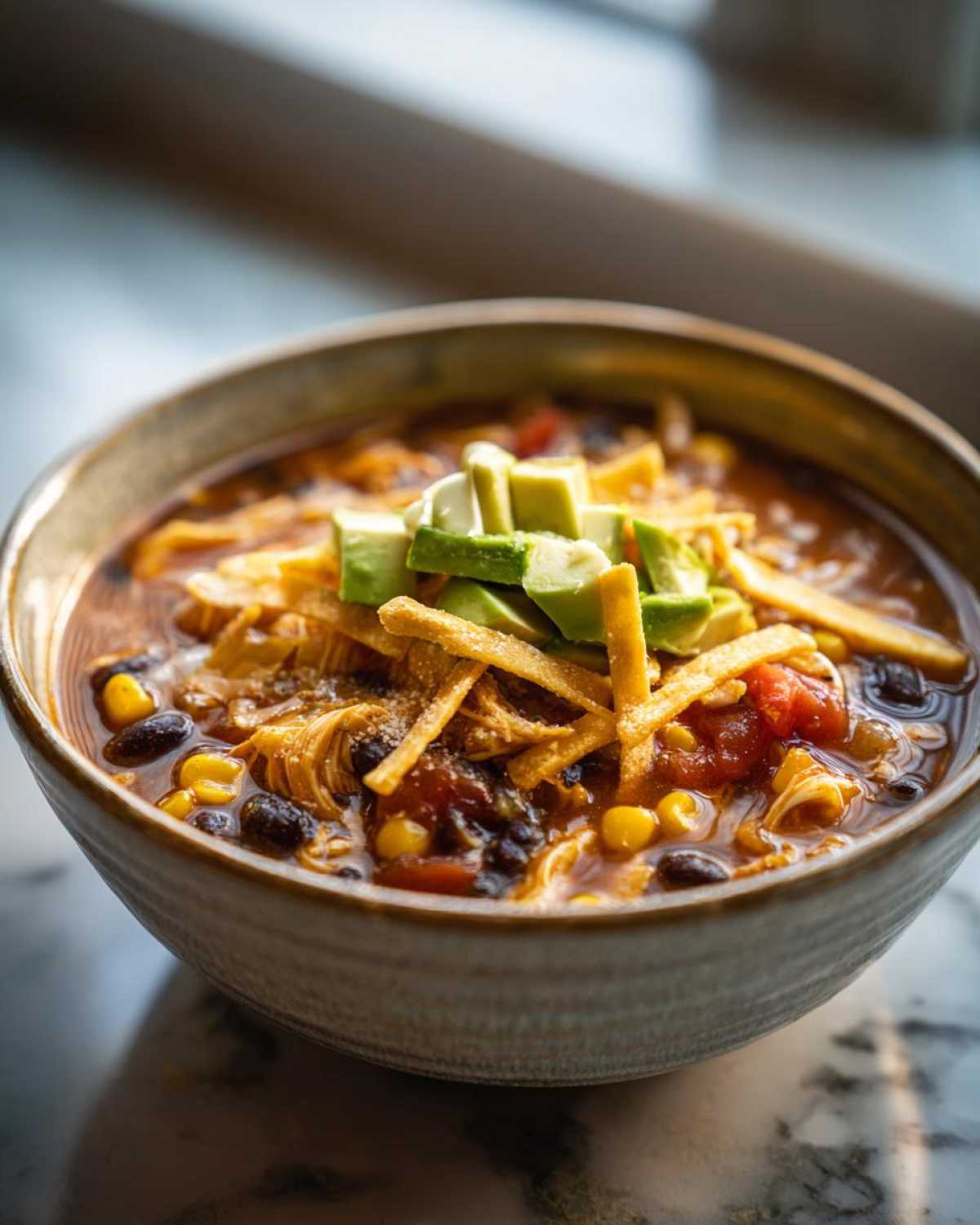 A close-up bowl of Crock Pot Chicken Tortilla Soup topped with avocado, tortilla strips, and cheese.