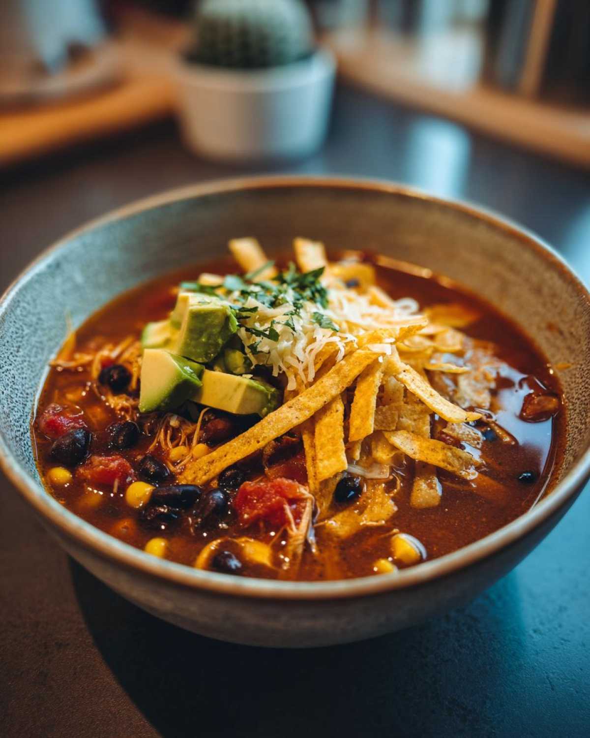 A close-up shot of a bowl of Crock Pot Chicken Tortilla Soup, topped with avocado, tortilla strips, cheese, and cilantro.