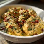 Close-up of Crock Pot Marry Me Chicken breasts in a creamy sauce, topped with sun-dried tomatoes and parsley.