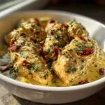Close-up of Crock Pot Marry Me Chicken breasts in a creamy sauce, topped with sun-dried tomatoes and parsley.