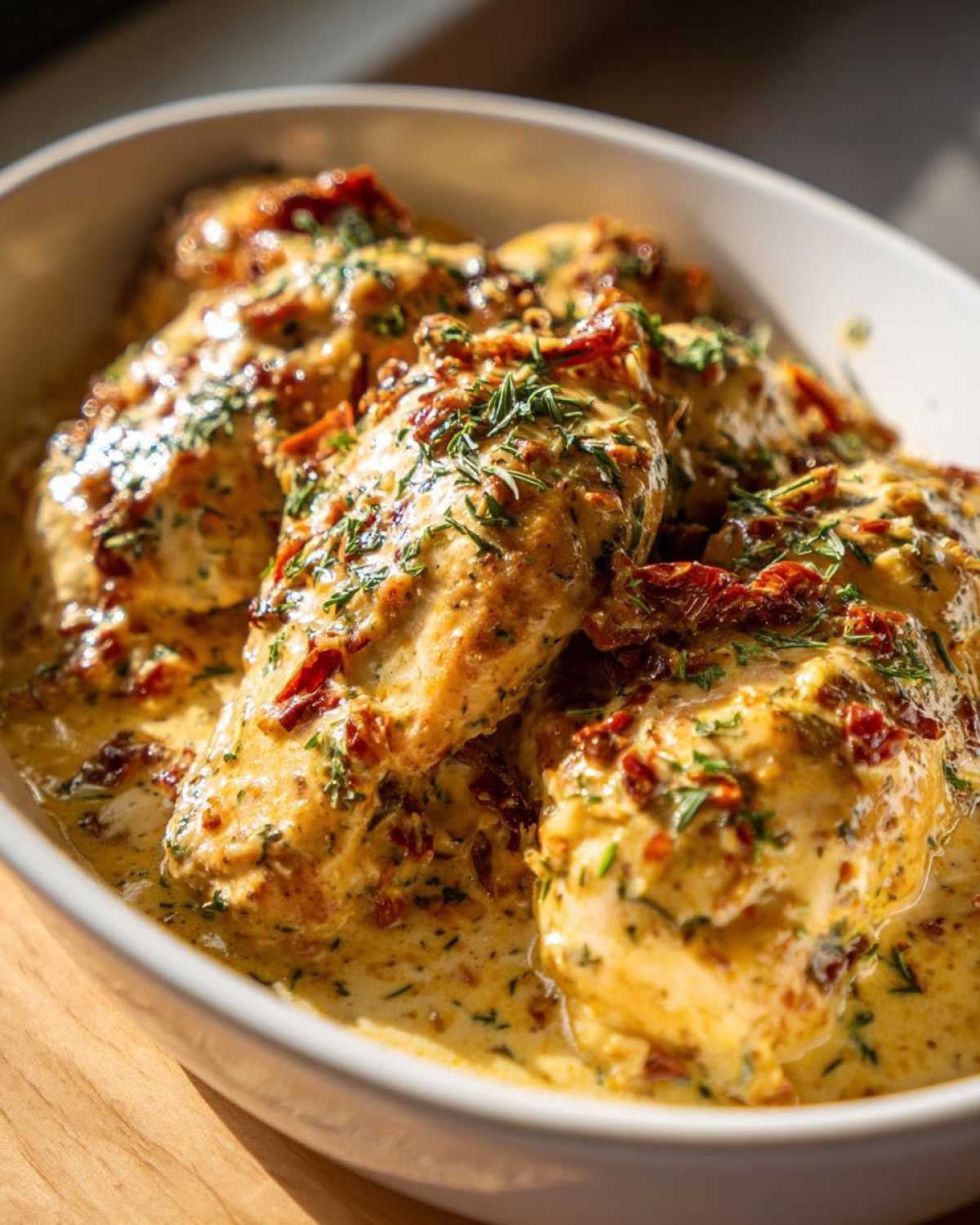 Close-up of Crock Pot Marry Me Chicken in a creamy sauce with sun-dried tomatoes and herbs.
