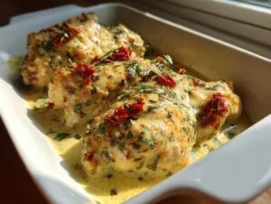 Close-up of Crock Pot Marry Me Chicken pieces in a creamy sauce, garnished with sun-dried tomatoes and herbs.