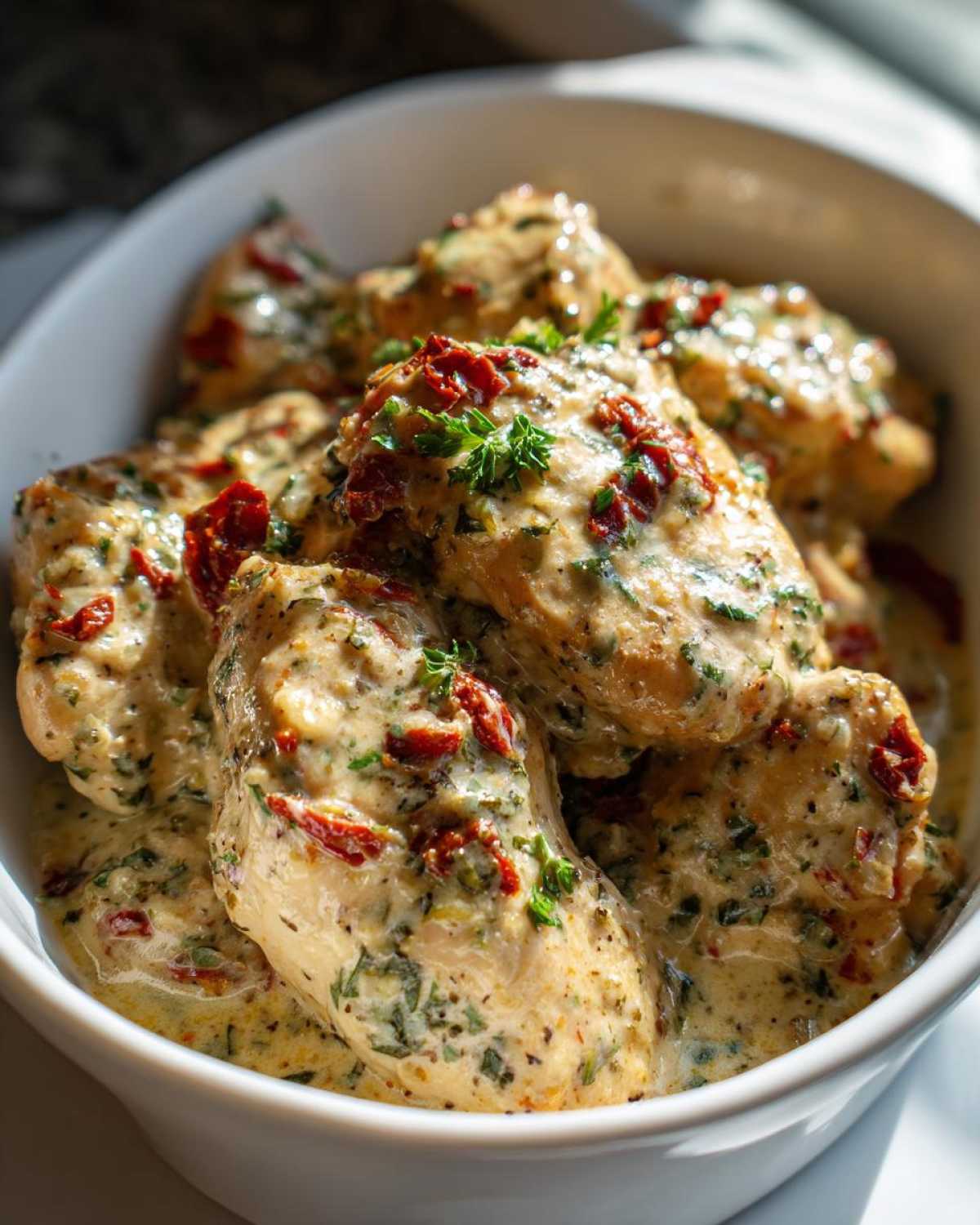 Close-up of Crock Pot Marry Me Chicken pieces coated in a creamy sauce with sun-dried tomatoes and herbs.