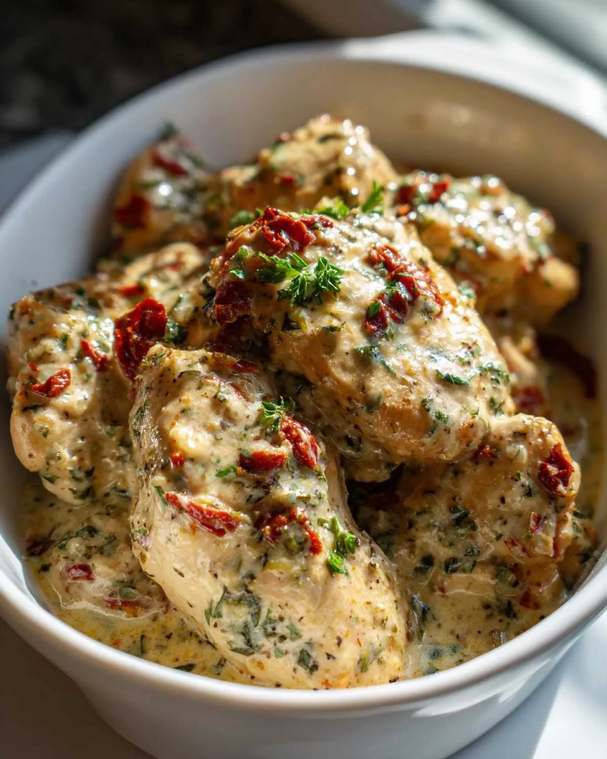 Close-up of Crock Pot Marry Me Chicken pieces coated in a creamy sauce with sun-dried tomatoes and herbs.