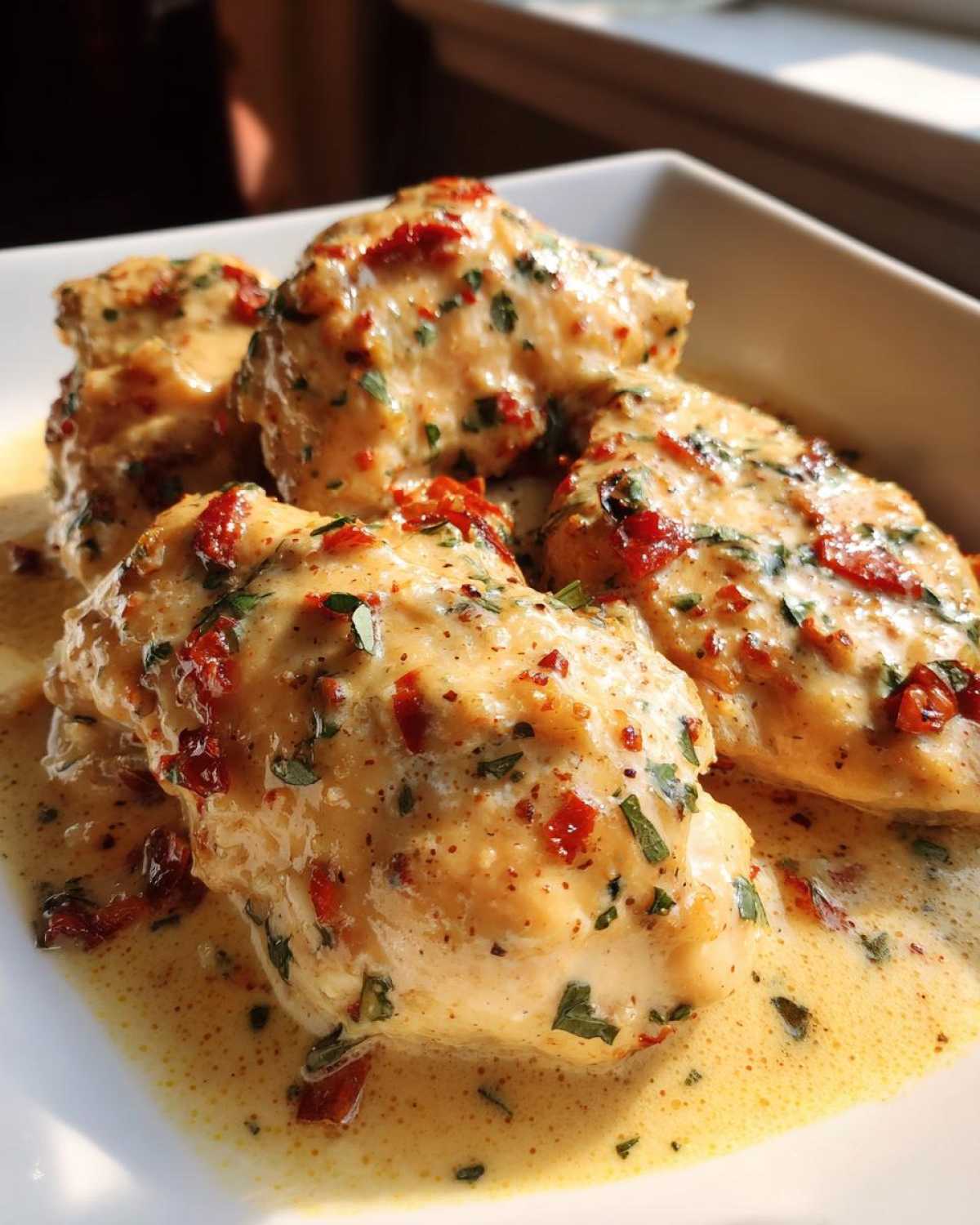 Close-up of tender crock pot marry me chicken breasts coated in a rich, creamy sauce with sun-dried tomatoes and herbs.