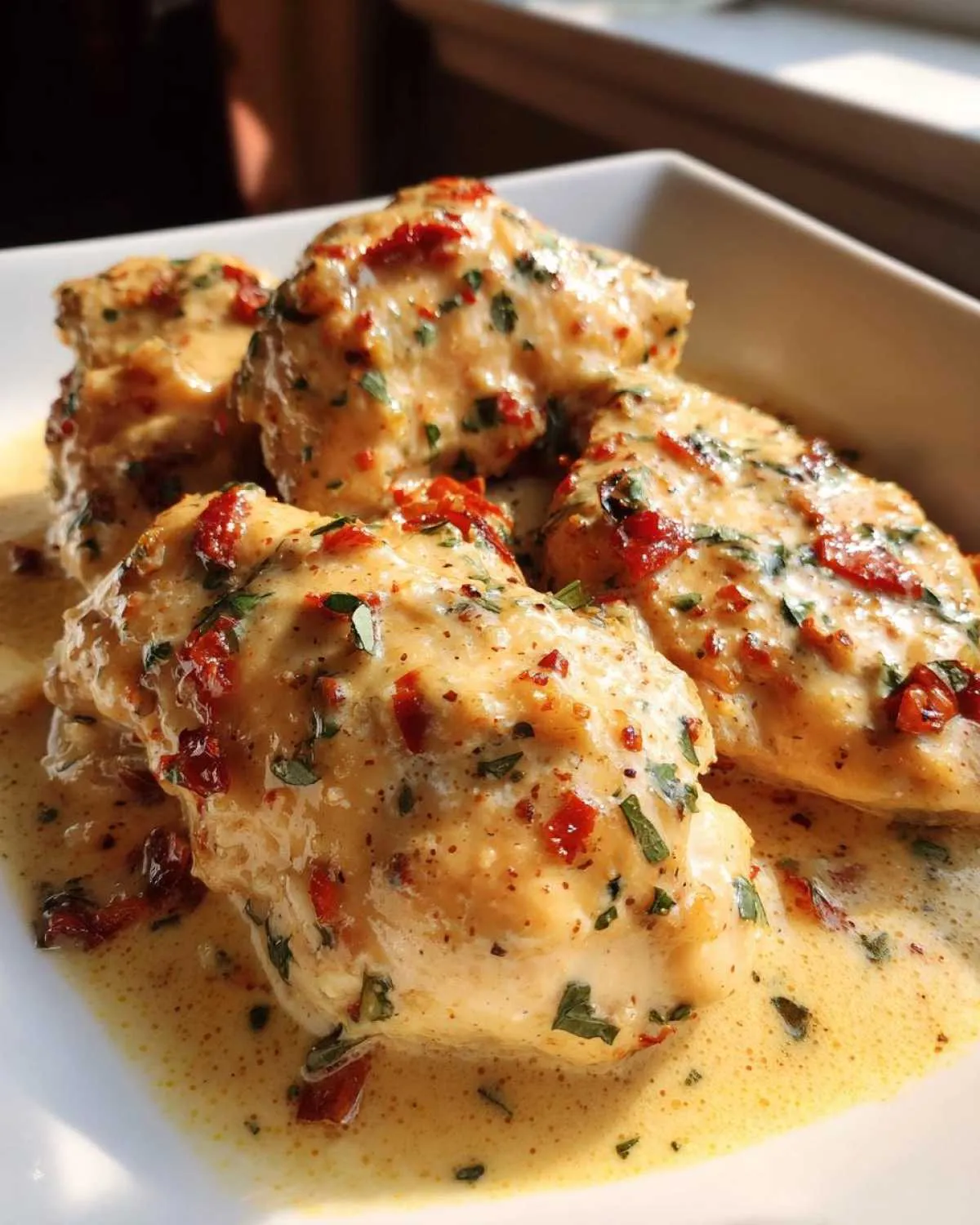 Close-up of tender crock pot marry me chicken breasts coated in a rich, creamy sauce with sun-dried tomatoes and herbs.