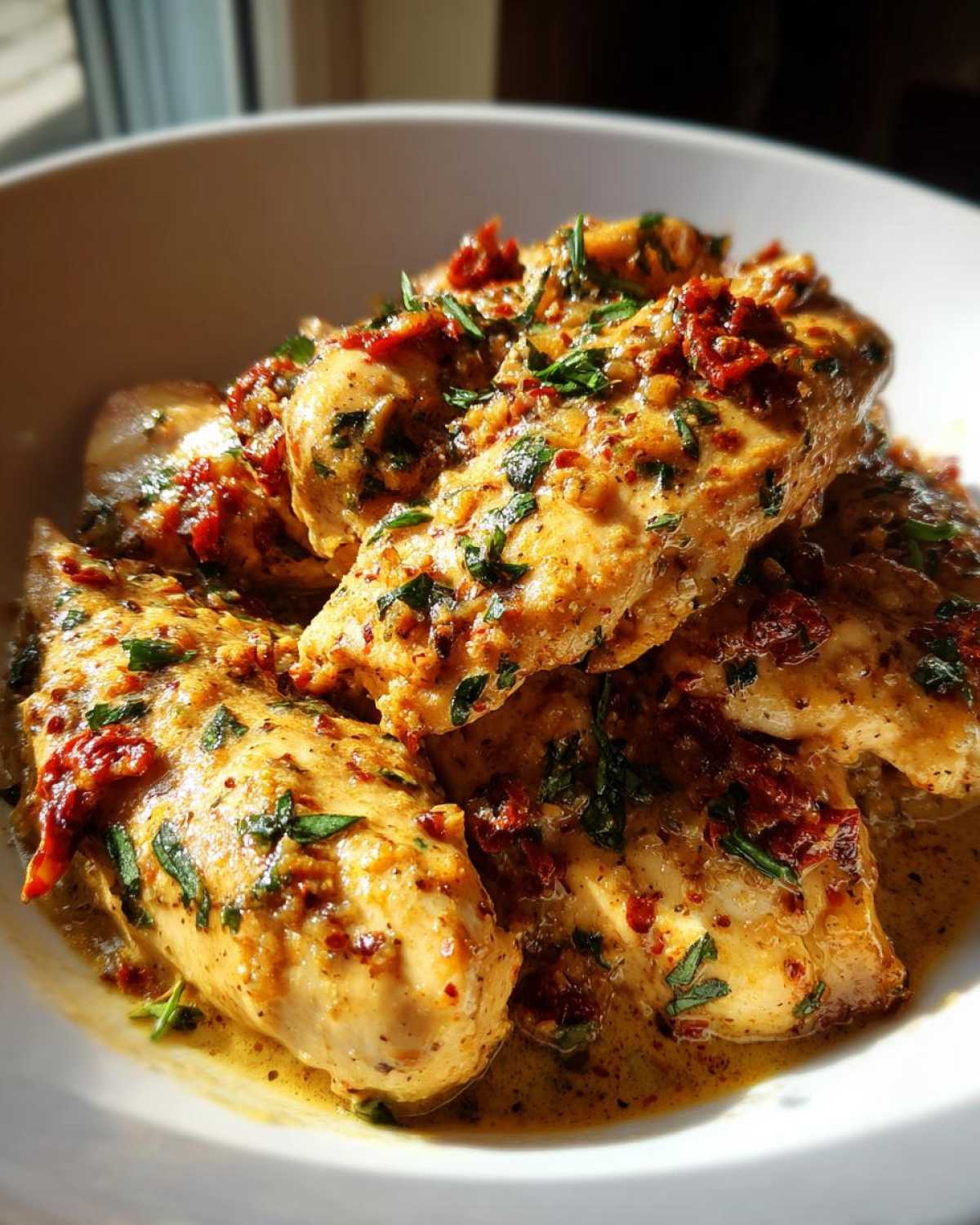 Close-up of tender chicken breasts coated in a creamy sauce with sun-dried tomatoes and herbs, a dish of Crock Pot Marry Me Chicken.