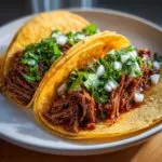 Two delicious crock pot shredded beef tacos filled with tender beef, topped with fresh cilantro and diced onions.