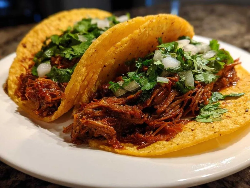 Two delicious crock pot shredded beef tacos filled with tender beef, topped with fresh cilantro and diced onions.