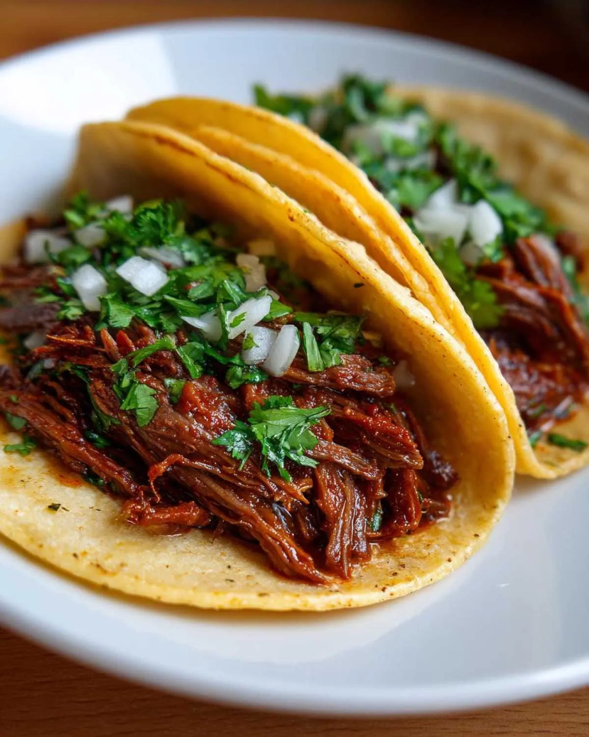 Close-up of two delicious crock pot shredded beef tacos filled with tender beef and topped with onions and cilantro.