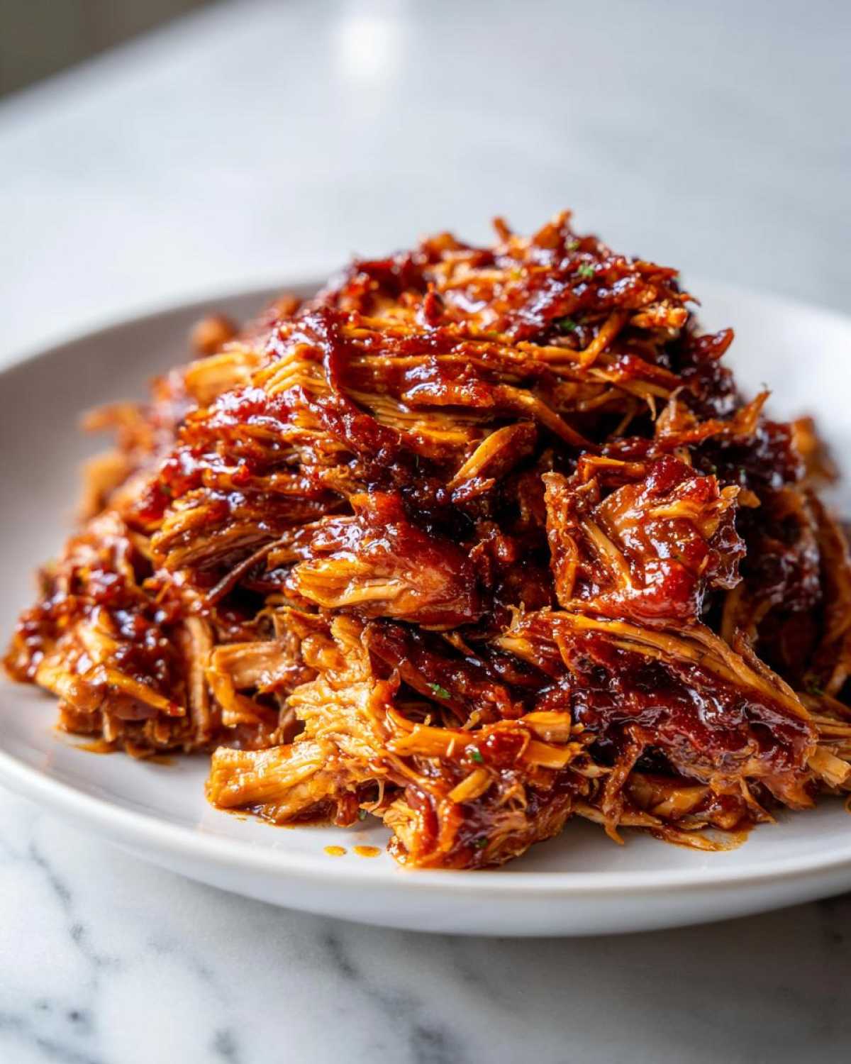 A close-up of a generous pile of shredded crockpot BBQ chicken coated in glossy BBQ sauce.