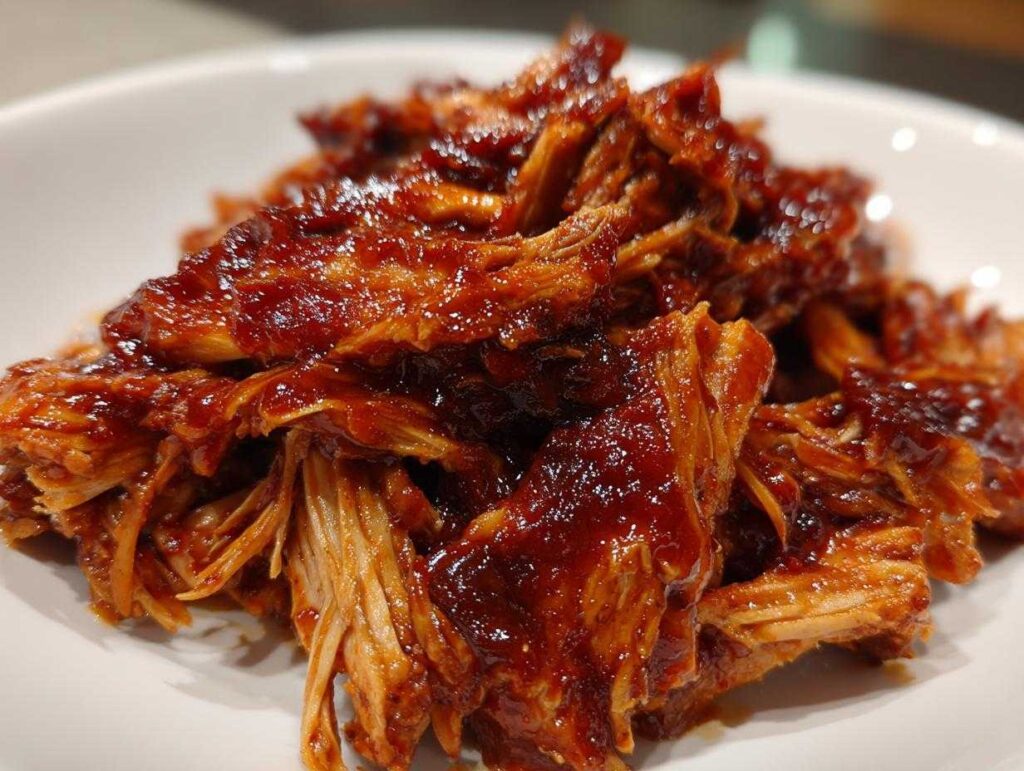 Close-up of shredded crockpot BBQ chicken coated in a rich, glossy sauce.
