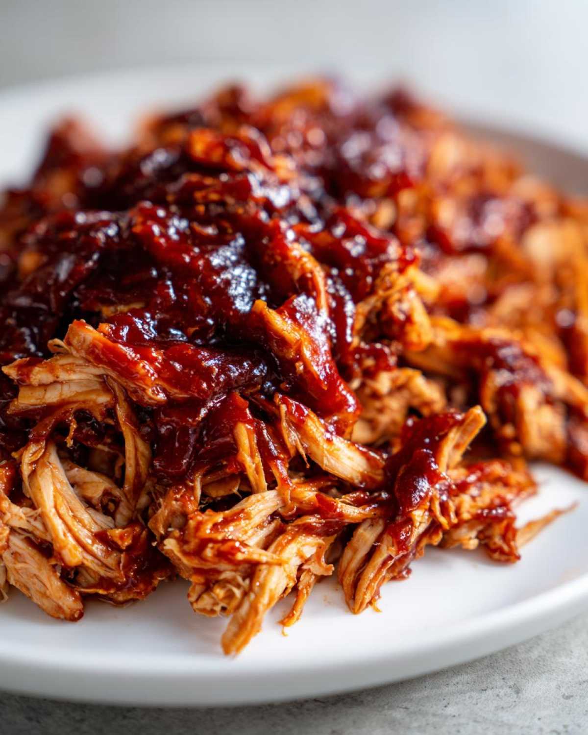 A close-up shot of tender, shredded crockpot BBQ chicken coated in a rich, glossy BBQ sauce.