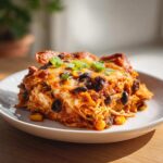 A generous slice of crockpot chicken enchilada casserole topped with melted cheese, black beans, corn, and green onions.