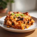 A generous slice of crockpot chicken enchilada casserole topped with melted cheese, black beans, corn, and green onions.